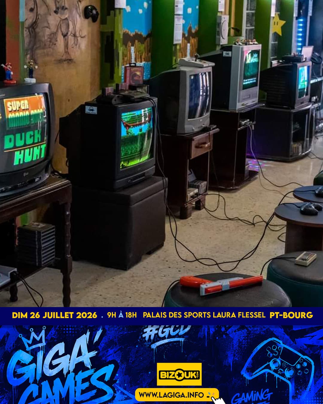 Row of retro consoles and CRT screens