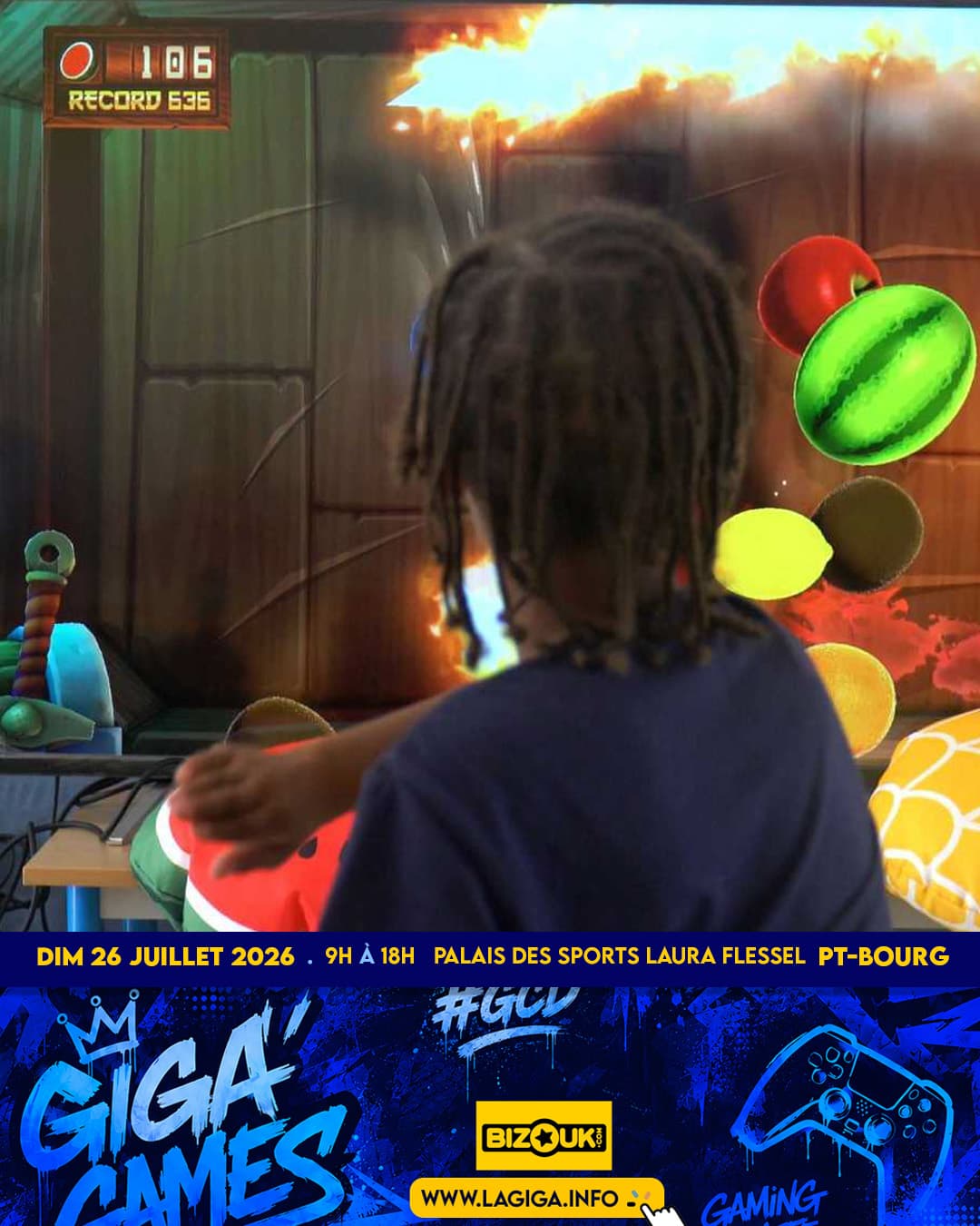 Child playing a motion game on a giant screen